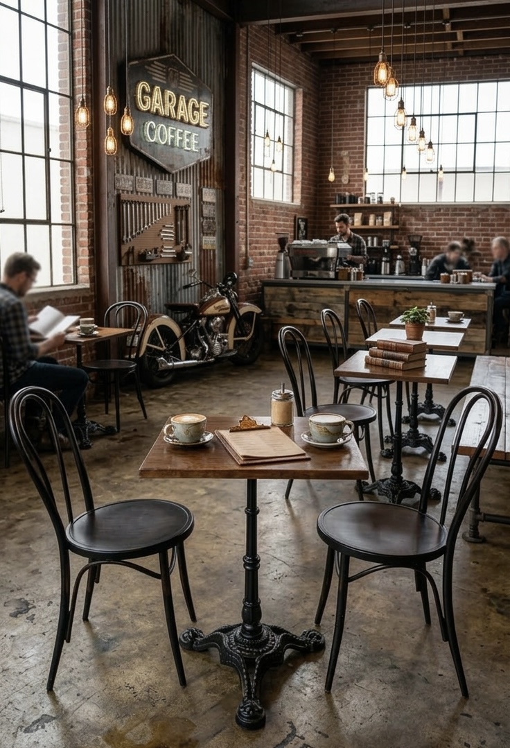 美式工業風實木餐桌與鑄鐵底座搭配