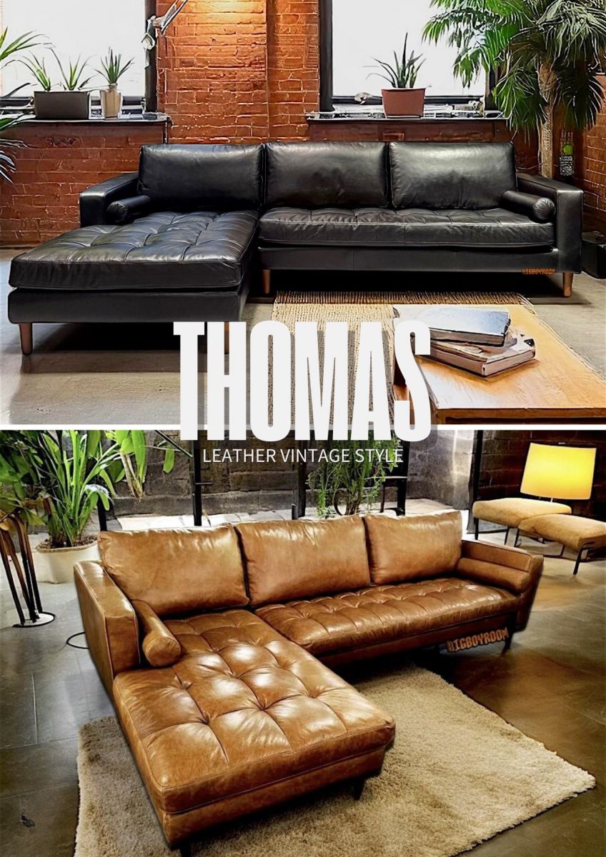 BigBoyRoom 經典 Thomas L 型全牛皮沙發款式介紹，提供極致黑與復古棕雙色選擇，結合美式拉扣坐墊與半苯染工藝，完美融入 Loft 工業風與 Vintage 復古居家空間。