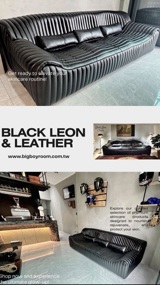 BigBoyRoom 商業空間軟裝案例，BLACK LEON 極致黑半苯染全牛皮沙發。經典復古跑車直條壓紋設計，完美融入台中西屯精品咖啡招待所，展現重機玩家專屬的 Man Cave 頂級質感。