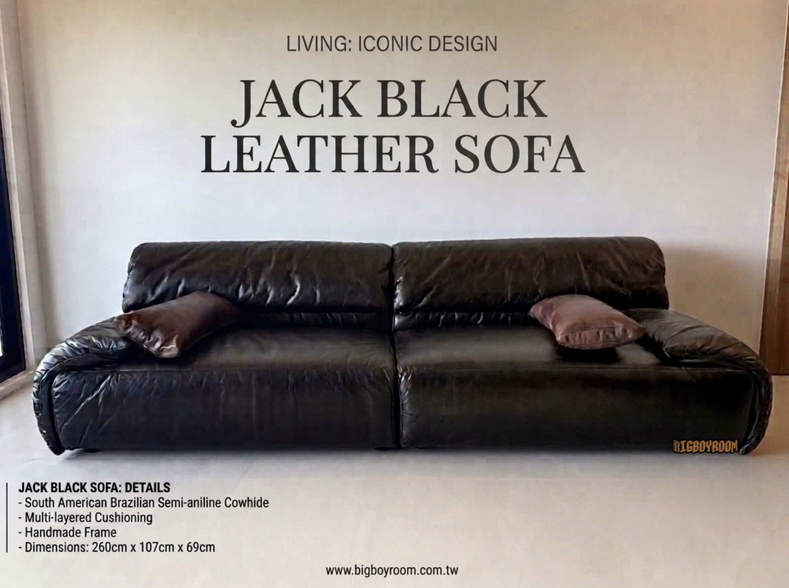 Jack Black Leather Sofa 品牌形象圖，展示 260 公分雙拼結構的頂級南美半苯染牛皮沙發，厚實飽滿的座墊設計演繹極致放鬆的客廳居家品味。